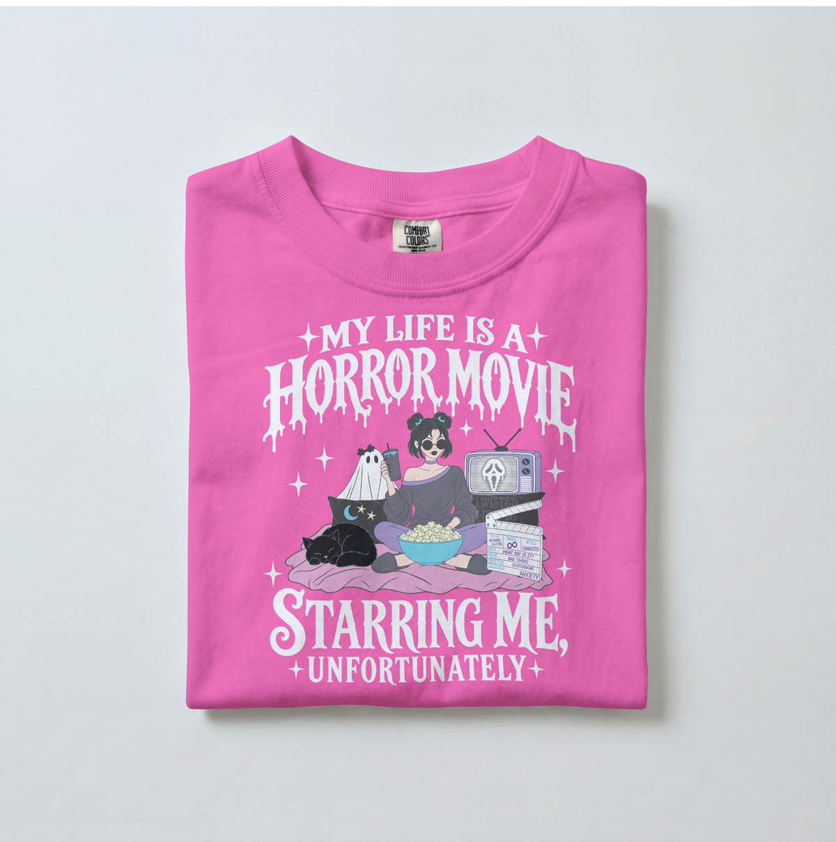 My Life Is a Horror Movie, Starring Me Unfortunately design with stars, a ghost, black cat, and movie-night scene — listing preview 3