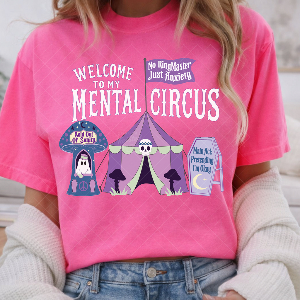 Welcome to My Mental Circus design with a purple circus tent, ghost ticket booth, and coffin-shaped sign — listing preview 1