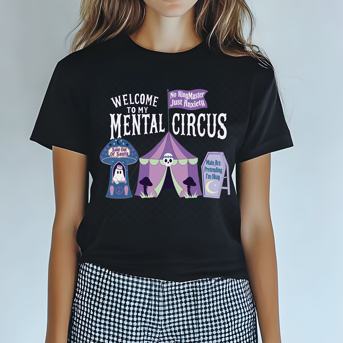 Welcome to My Mental Circus design with a purple circus tent, ghost ticket booth, and coffin-shaped sign — listing preview 2