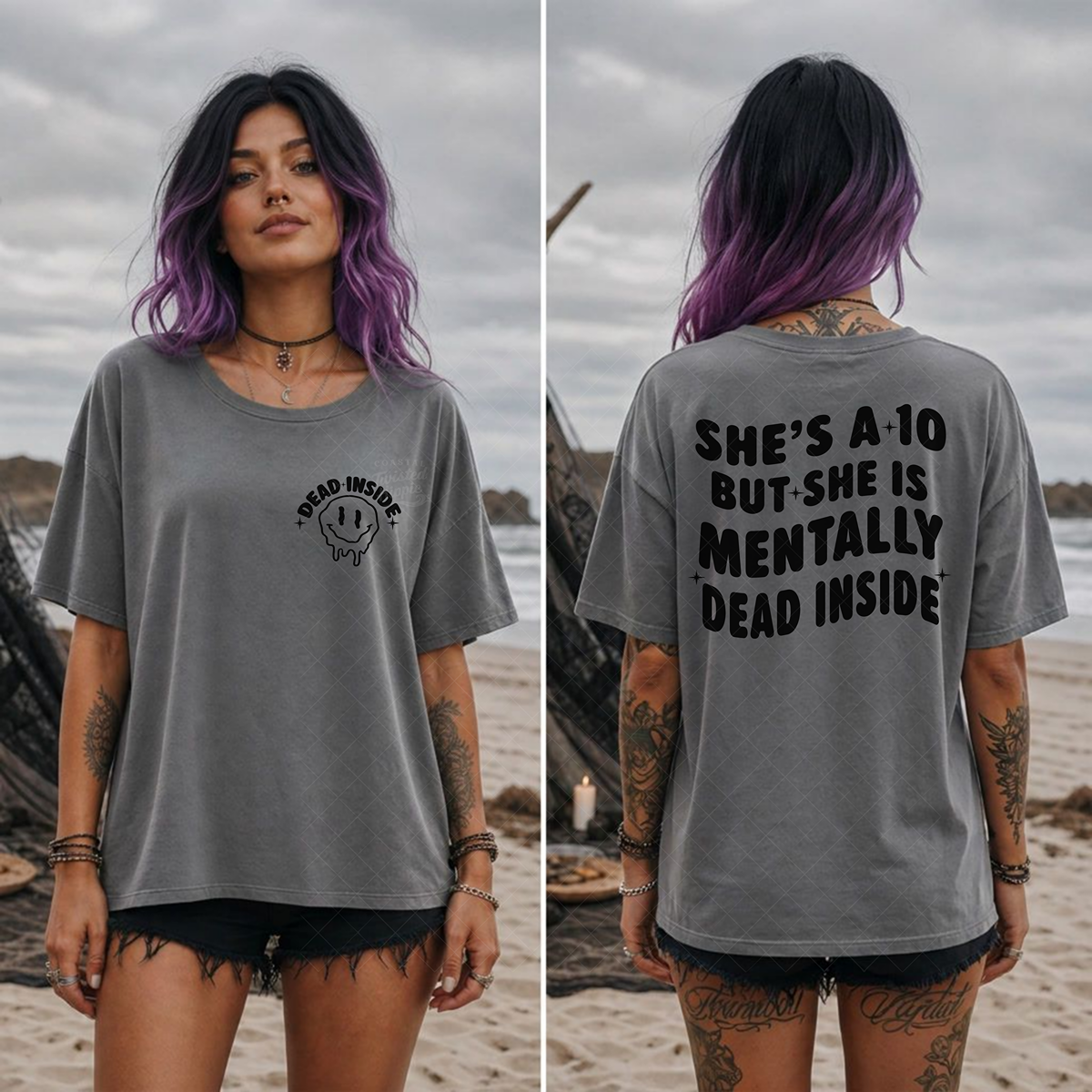 She’s a 10 But Mentally Dead Inside quote and melting smiley shirt design preview — listing preview 1