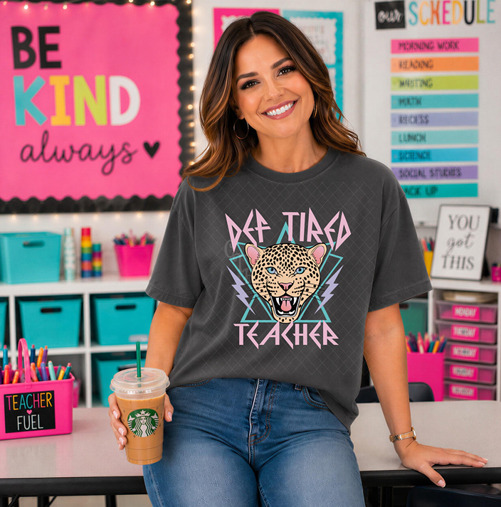 DEF-TIRED Teacher pastel leopard design with pink lettering and lightning bolt accents — listing preview 1