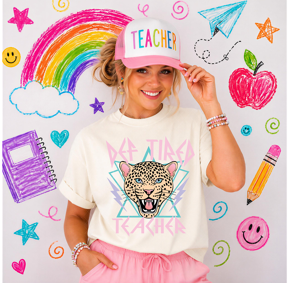 DEF-TIRED Teacher pastel leopard design with pink lettering and lightning bolt accents — listing preview 2