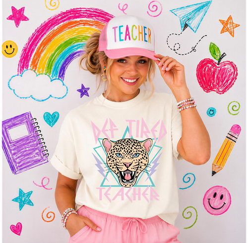 DEF-TIRED Teacher pastel leopard design with pink lettering and lightning bolt accents — listing preview 2