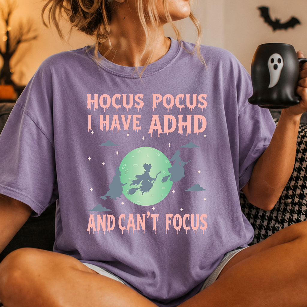 Hocus Pocus, I Have ADHD and Can't Focus design with peach lettering, blue-gray witches, and a green moon — listing preview 1