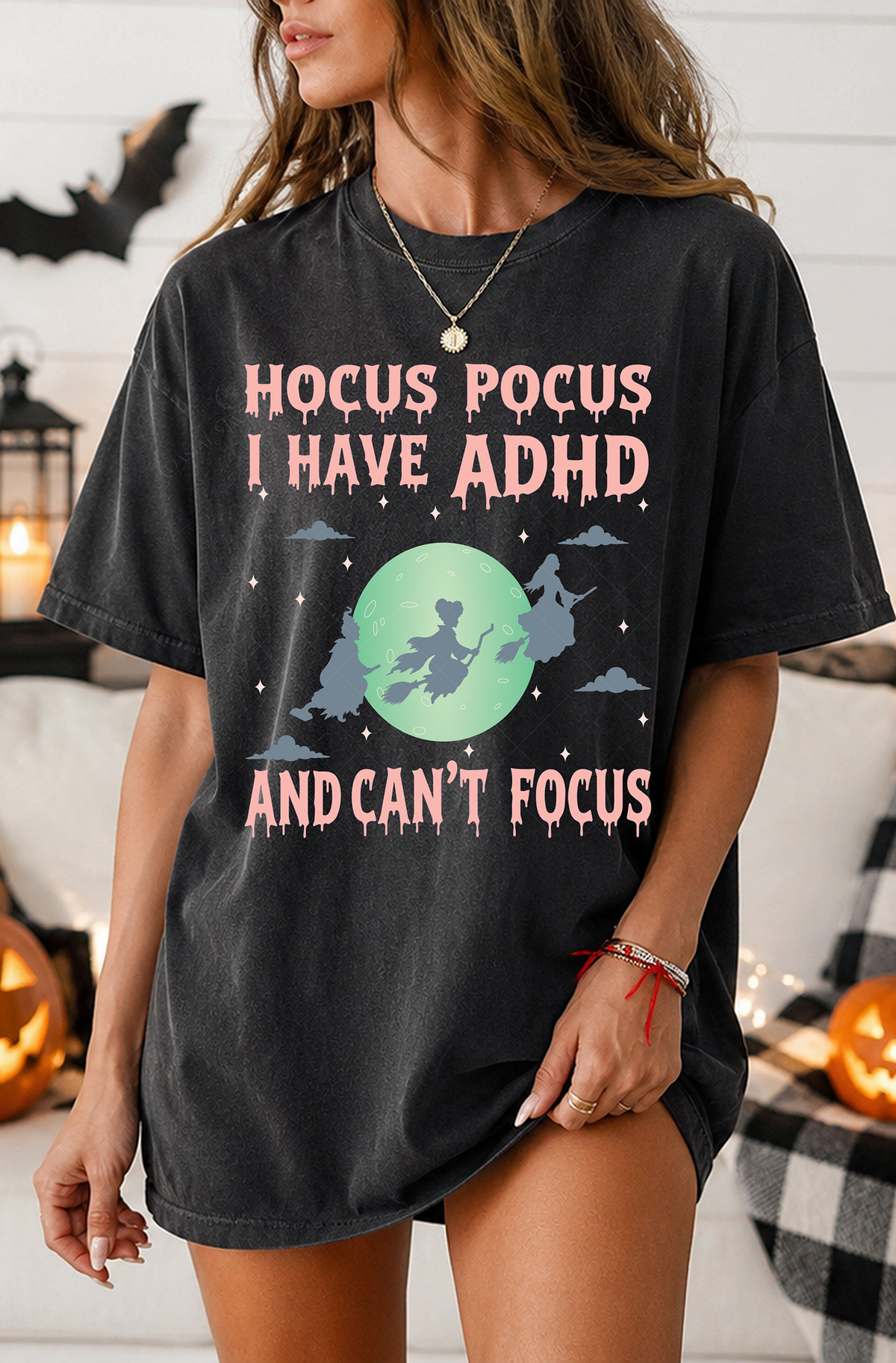 Hocus Pocus, I Have ADHD and Can't Focus design with peach lettering, blue-gray witches, and a green moon — listing preview 3