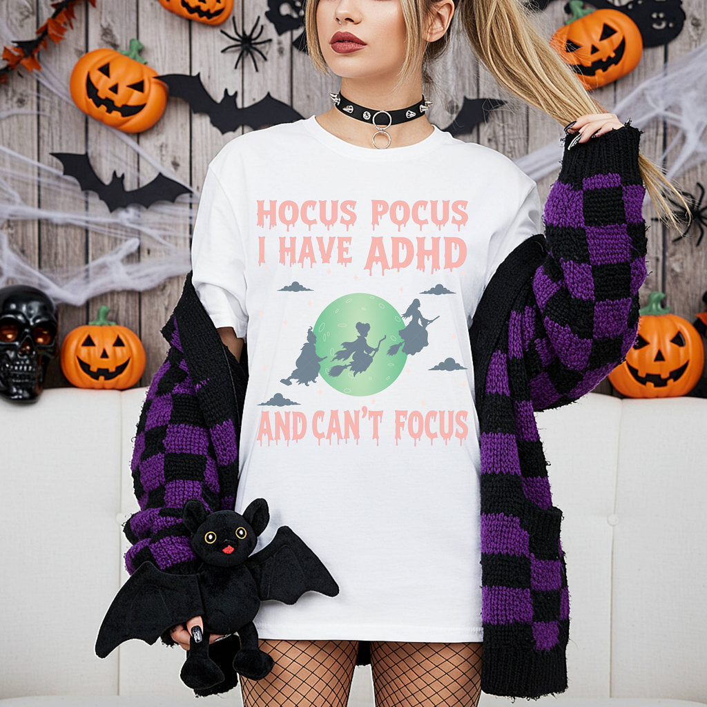 Hocus Pocus, I Have ADHD and Can't Focus design with peach lettering, blue-gray witches, and a green moon — listing preview 2
