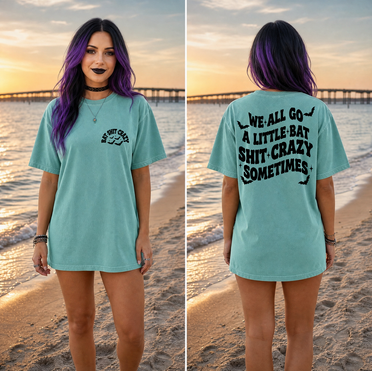 We All Go a Little Bat Shit Crazy Sometimes full quote and smaller Bat Shit Crazy front-and-back shirt designs with black bats and stars