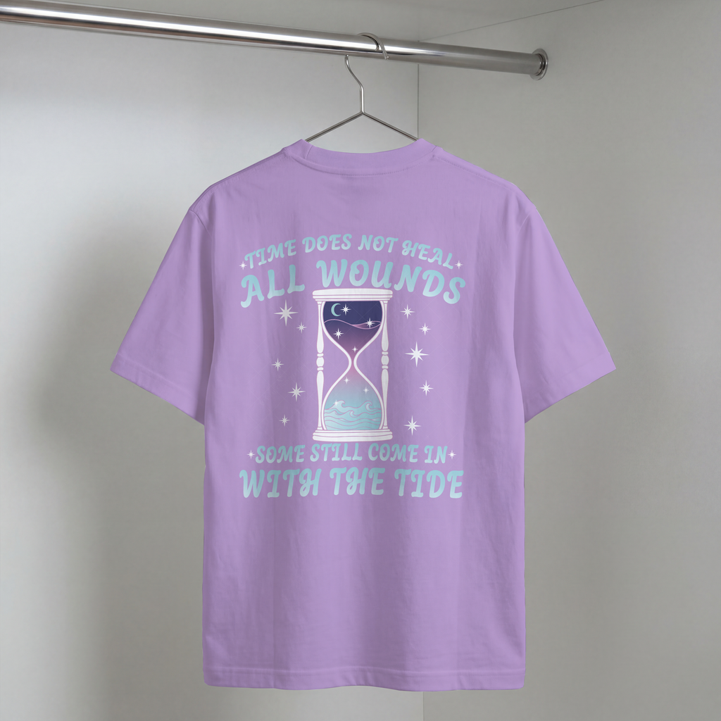 Time Does Not Heal All Wounds coastal hourglass design with blue lettering, moon, stars, and ocean waves — listing preview 2