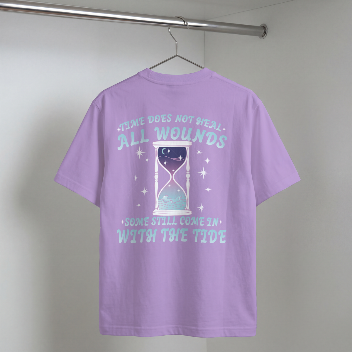 Time Does Not Heal All Wounds coastal hourglass design with blue lettering, moon, stars, and ocean waves — listing preview 2