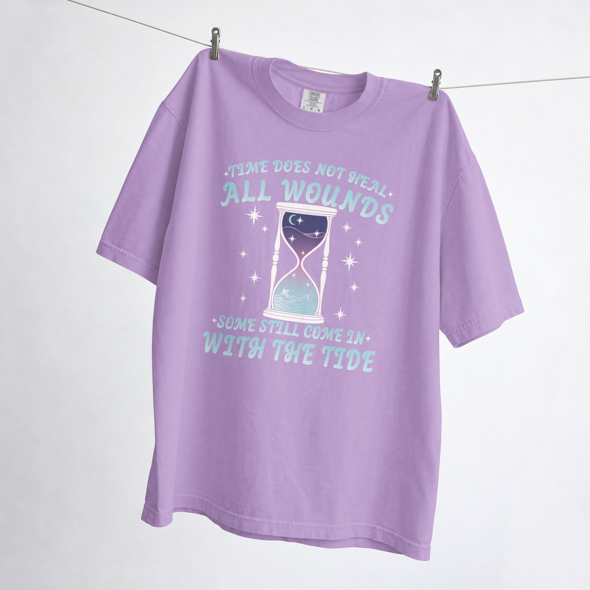 Time Does Not Heal All Wounds coastal hourglass design with blue lettering, moon, stars, and ocean waves — listing preview 3
